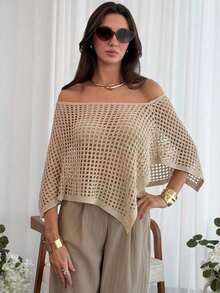 2026  Chal elegante de estilo bohemio para vacaciones de mujer, jersey holgado de punto sin hombros con bajo asimétrico, parte superior ligera de protección solar - Albaricoque - Ver 5