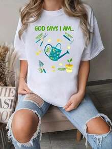 Camisetas Gráficas para Mujer, Camiseta con Estampado de Jardín, Algodón Transpirable, Para las Cuatro Estaciones, Ropa de Verano para Mujer, Camiseta Oversize, Camisa Elegante Adecuada para Fiestas. - Blanco - Ver 6