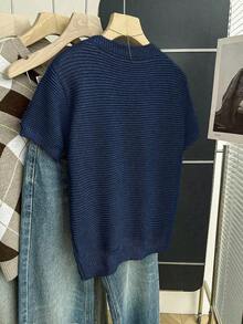 2026Franclia Nuevo suéter de punto casual con lazo dulce y lindo en color rosa para mujer, blusa de lazo rosa bebé de manga corta para primavera/verano, blusas de punto con lazo lindas para mujer - azul real - Ver 2
