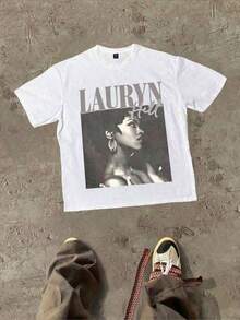 Camiseta de manga corta de algodón puro, informal, suave, con diseño gráfico temático de la artista Lauryn Hill y su imagen, playeras de mujer - Blanco - Ver 7