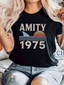 ComfortableTalla grande, camiseta de mujer talla grande con estampado gráfico AMITY 1975, manga corta y cuello redondo, top casual para verano y primavera, ropa de mujerFashion All-match Women's Short Sleeve T-shirt, Basic Style for Inner & Outer Wear - Negro - Ver 6