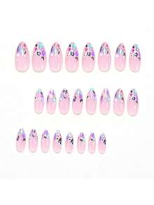 24 pegatinas de uñas con forma de almendra y diseño floral colorido, serie de colores de dopamina, elegante y brillante, se ajusta perfectamente a las uñas de almendra. Adecuado para uñas de verano, manicura francesa, uso diario, festivales y fiestas - Multicolor - Ver 3