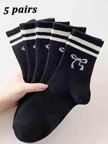 5/10 Pares de Meias Femininas Listradas Pretas e Brancas com Laço, Meia-Cano, Minimalista e Respirável, Adequada para Uso Diário, Viagens, Versátil para Todas as Estações - Preto e Branco - Visão 12