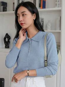 1 pieza Suéter de mujer de unicolor de manga larga, estilo casual de negocios para otoño, blusas de manga larga, ropa de mujer de otoño - Celeste - Ver 3