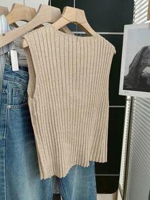 Nueva llegada Primavera/Verano Casual Holgado Crema Color Estilo Coreano Minimalista Acanalado Punto Sin Mangas Capa Chaleco, Versátil Cuello en V Elegante Diario/Trabajo Desgaste, Relajado Estilo Francés, Encanto Extremadamente Simplificado, Mod - Beis - Ver 2