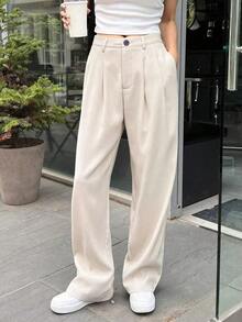 Pantalones rectos plisados de unicolor para mujer, pantalones de vestir casuales de otoño - Beis - Ver 2