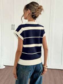 Blusa de punto de manga corta a rayas, casual y holgada, para mujer, color verde menta, conjunto casual de mujer con blusa a rayas, cuello polo, manga corta, blusa de lana - Azul marino - Ver 2
