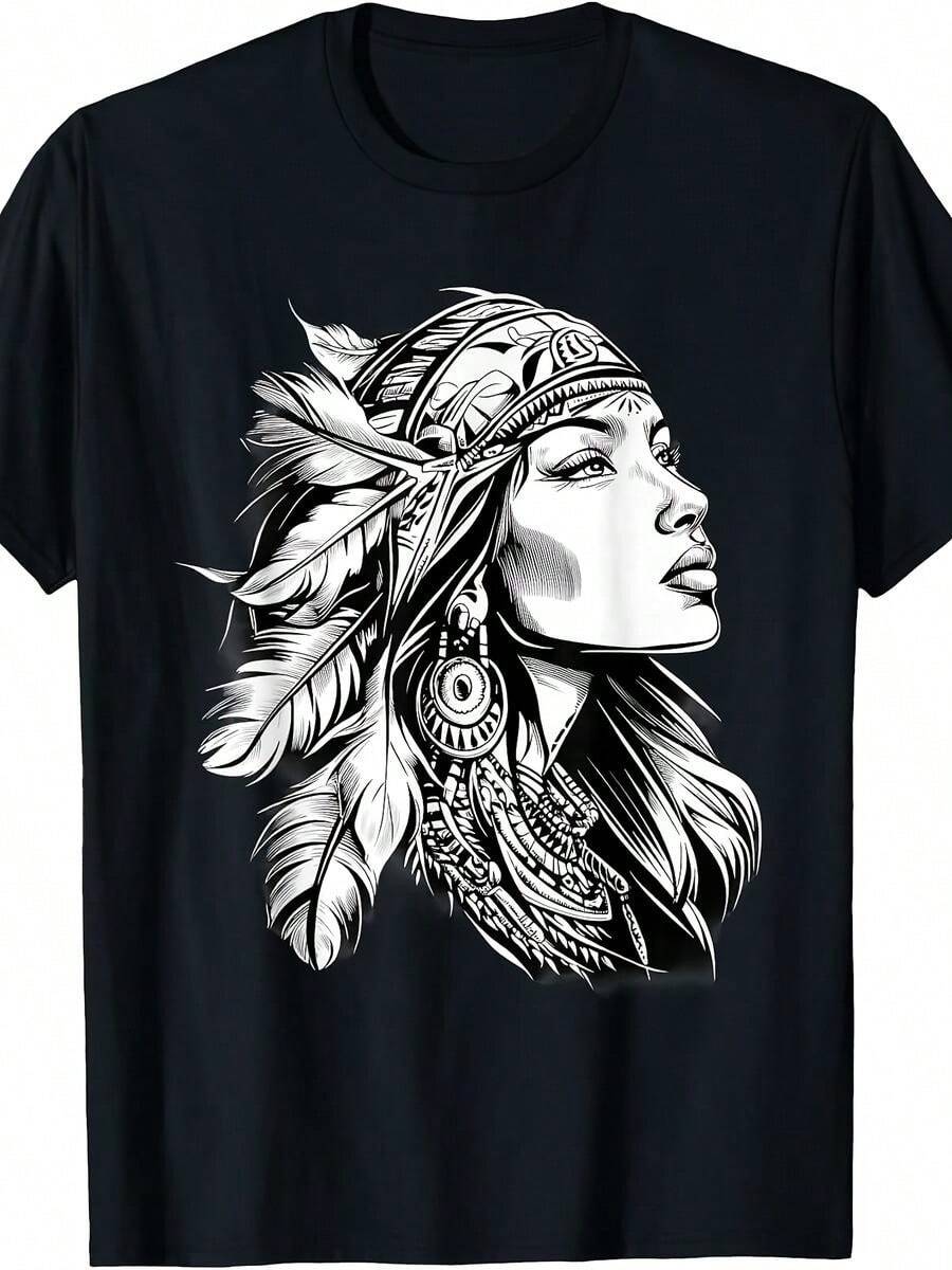 1 pieza, Playera de cabeza con plumas para jóvenes de tribus indígenas americanas, Playera casual de verano, cómoda y transpirable - Negro - Ver 1