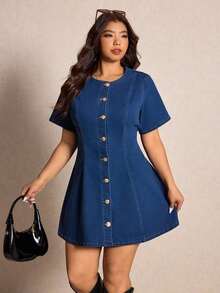Elaquor Vestido vaquero casual de mujer talla grande con cuello redondo y manga corta de un solo botonadura - Azul lavado medio - Ver 3
