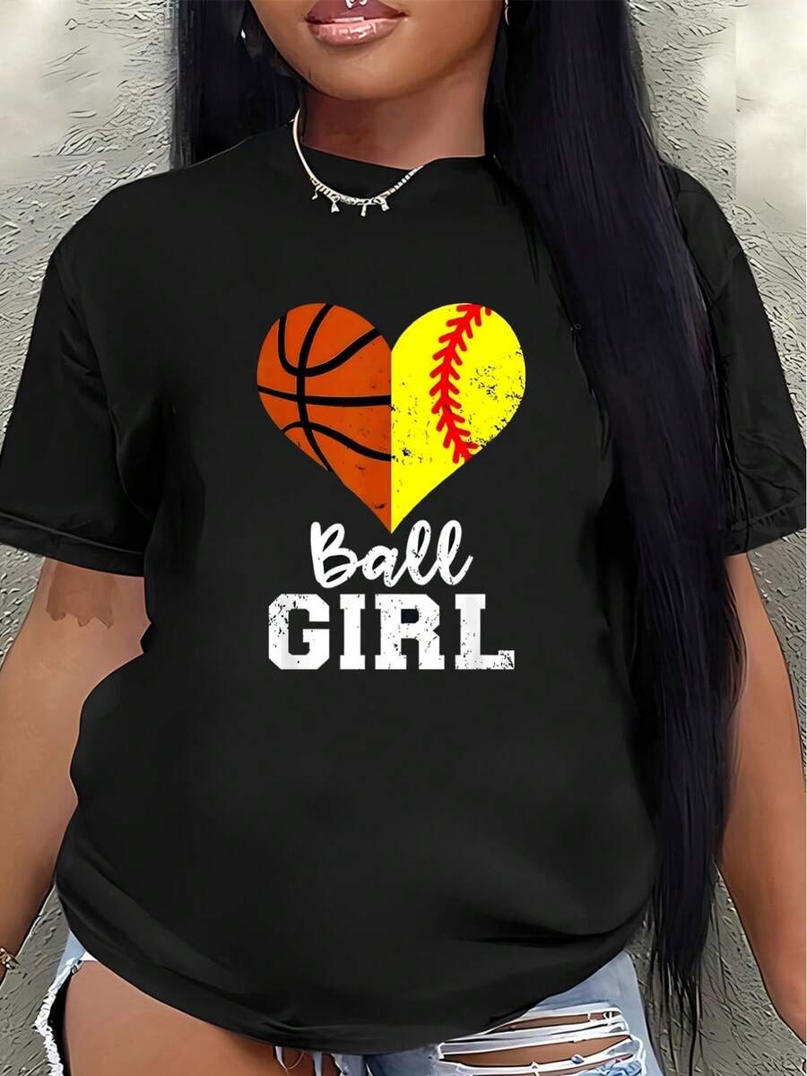 Women's Short-Sleeved T-Shirt, Printed With Basketball And Softball Heart Motifs, Is Perfect For Sports Enthusiasts, Lightweight And Durable, Ideal For Game Days Or Casual Wear. - 黑色 - 查看 1