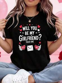 1 pieza Día de San Valentín ¿QUÉDARÁS TÚS MI NOVIA? TOUCH ONE Camiseta de manga corta con estampado de letras y cuello redondo para mujer, primavera/verano, ideal para compras informales y como regalo de vacaciones, adecuada para reuniones de amigos y vacaciones, 180g 100% algodón. - Negro - Ver 6