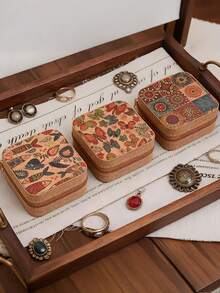 1 pièce Boîte de rangement pour bijoux en liège souple imprimé, organisateur de mini accessoires compact de voyage, support anti-oxydation pour bagues, boucles d'oreilles, colliers - Multicolore - Voir 8