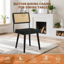 Natural Rattan Dining Chairs  Upholstered Armless Side Chair With Tall Cane Backrest And Wood Legs - Easy Assembly - Black - View 6