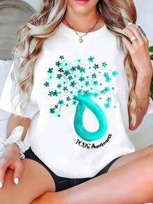 Camiseta de mujer con estampado floral y cinta verde azulado para concientización sobre la PCOS, manga corta, cuello redondo, top casual para verano y regalo para amigos y familiares. Tela de algodón, lavable a máquina, top casual para mujer, adecuado para ocasiones informales. Blusas para mujer. - Blanco - Ver 5
