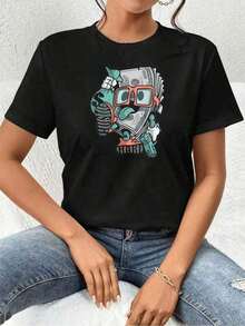 Camiseta de mujer con estampado de dinero de dibujos animados, algodón manga suitable for streetwear, daily outings, camping, concerts, hip-hop, rock, and rap events premium, corte relajado, estilo hip-hop urbano, transpirable, nueva llegada. Adecuado para primavera, verano y otoño - Negro - Ver 1