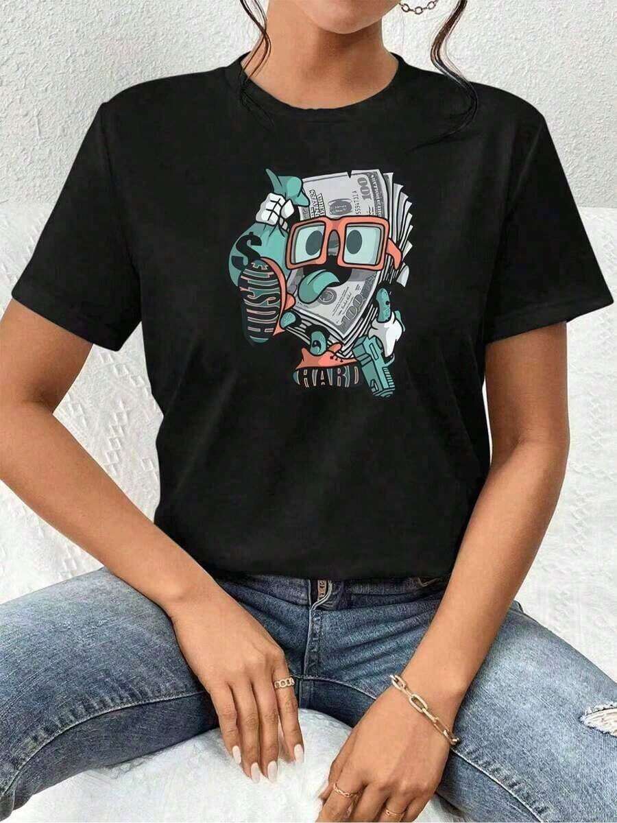 Camiseta de mujer con estampado de dinero de dibujos animados, algodón manga suitable for streetwear, daily outings, camping, concerts, hip-hop, rock, and rap events premium, corte relajado, estilo hip-hop urbano, transpirable, nueva llegada. Adecuado para primavera, verano y otoño - Negro - Ver 1