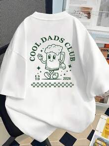 Camiseta estampada de manga corta con diseños en la parte delantera y trasera - caricatura de jarra de cerveza, Cool Dad Club - camiseta estampada de moda para mujer, primavera/verano, manga corta, para todas las estaciones, atuendo moderno, 100% algodón. - Blanco - Ver 2