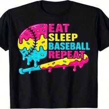 Nueva Llegada 2026 Camiseta Gráfica de Béisbol con Diseño de Helado y Frases 'Eat Sleep Baseball Repeat' |   Camiseta unisex retro 100% algodón, ligera y transpirable, para hombre y mujer, ropa casual de verano, ropa de béisbol, lavable a máquina, talla grande. Tela suave, transpirable, a la moda, 100% algodón, para uso diario, camiseta de mujer con estampado gráfico. - Negro - Ver 1