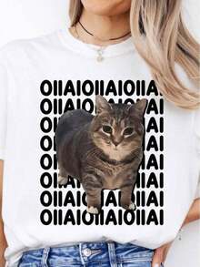 Camiseta Divertida con Diseño Giratorio - Diseño Oiiaa Brainrot - Estilo Urbano Vintage Unisex, Camiseta de Manga Corta de Algodón Holgada con Cuello Redondo, blusas para mujer. blusas.blusas casuales para dama. - Blanco - Ver 7