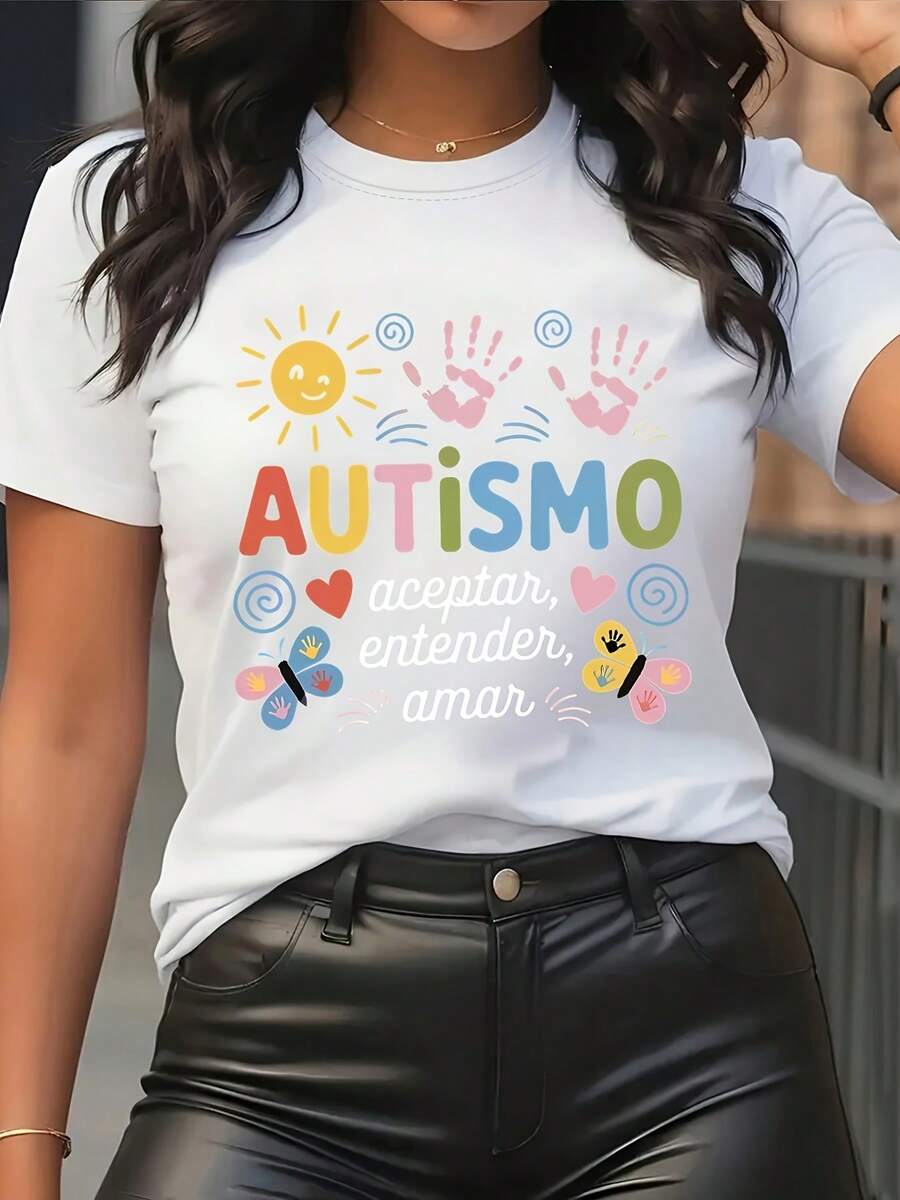 Camiseta de manga corta para mujer con cuello redondo casual de primavera y verano, con estampado de palmeras solares y eslogan, material suave para uso diario - Blanco - Ver 1