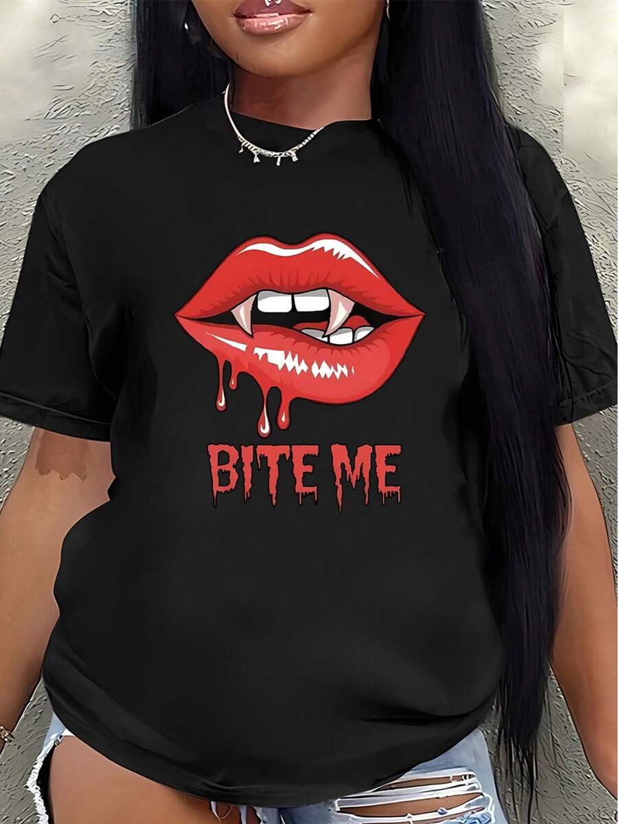Camiseta de manga corta, decorada con un estampado de labios de vampiro con la frase "bite me", adecuada para fiestas de Halloween o uso casual diario, ligera y duradera, una opción ideal pa - Negro - Ver 1