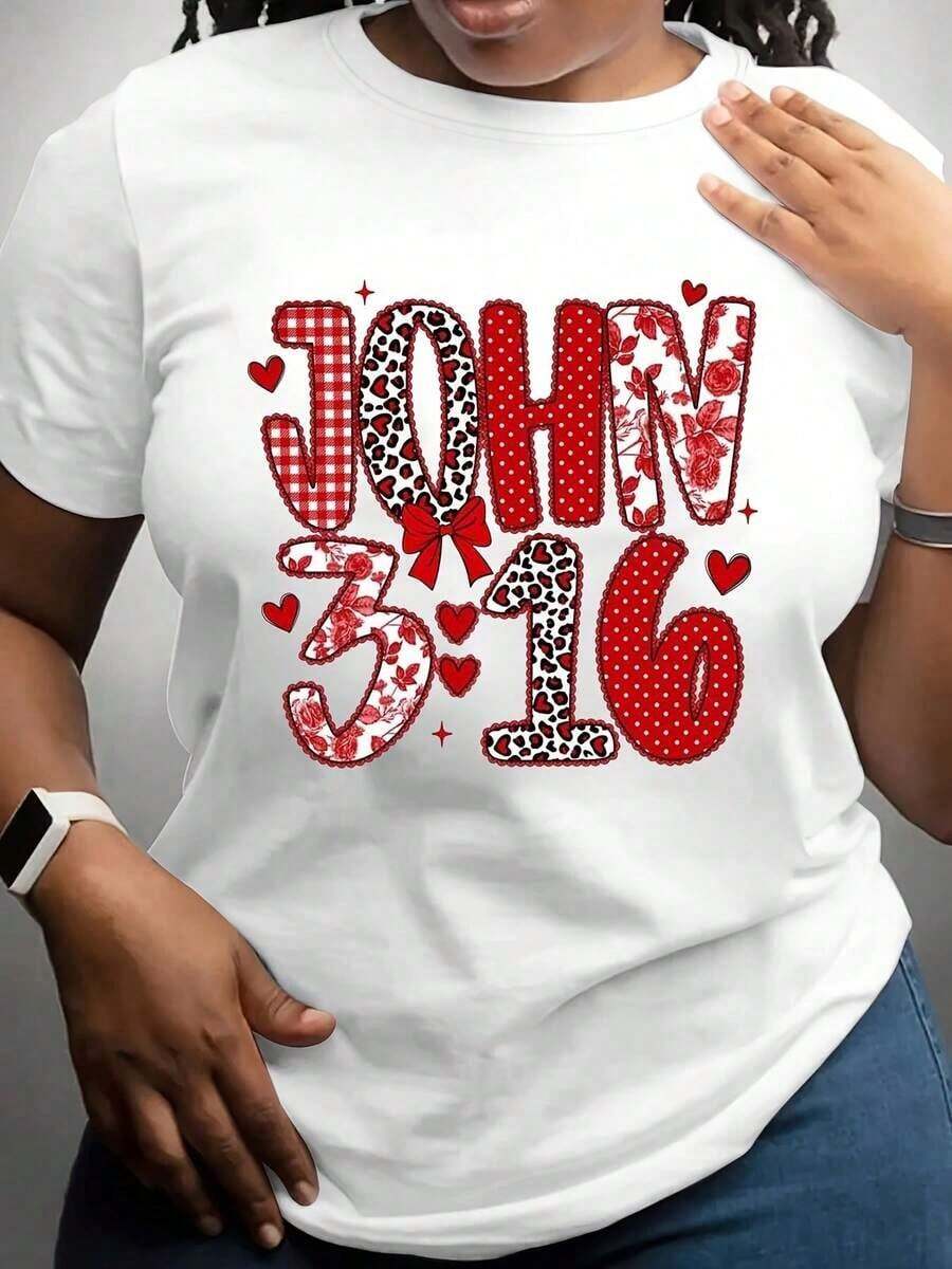 Camiseta con el versículo bíblico Juan 3:16, diseño estampado en rojo y blanco, inspirada en la fe cristiana, para el Día de San Valentín y celebraciones religiosas, para mujeres y hombres.blusa casual mujer - Blanco - Ver 1