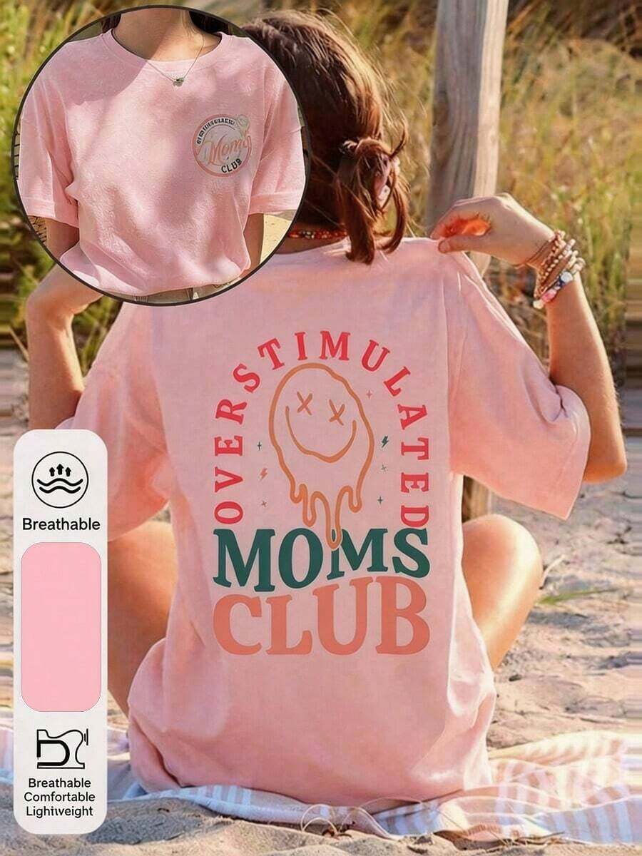 Women's Summer T-Shirts With A 'Mom Club' Graphic Print, Crew Neck, Short Sleeves, Simple Casual Style For Everyday Wear, In Black, Plus Sizes. Graphic Print T-Shirts For Mom's Birthday, Fun Prints For Mom, Women's Summer Clothes, Summer T-Shirts With Face And Letter Prints. - 粉色 - 查看 1