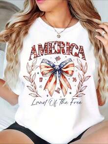 Patriotic Graphic T-Shirt "Land Of America's Liberty" With Ribbon For 4th Of July Independence Day Celebration - Unisex Urban Vintage Style, 100% Cotton, Short Sleeve, Crew Neck, Loose Fit - 白色 - 查看 7
