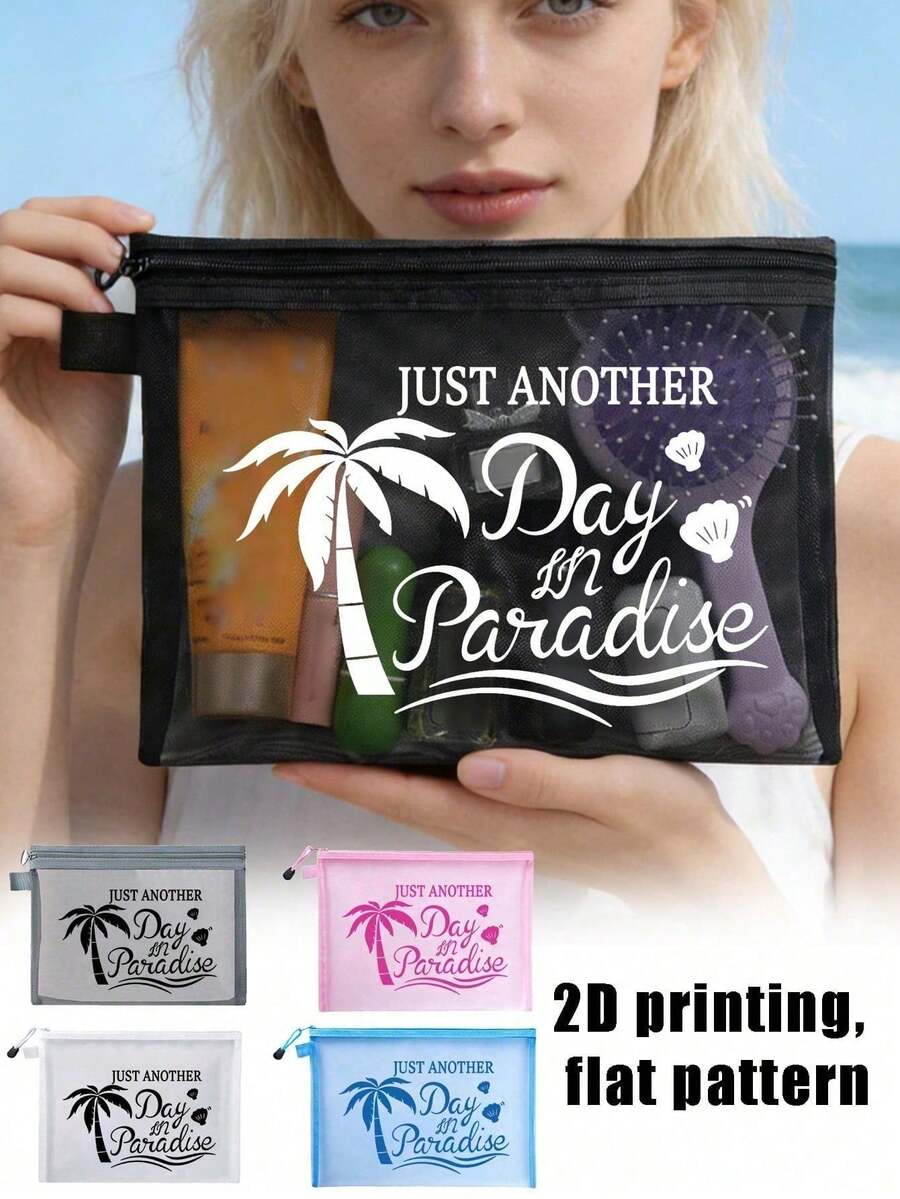Multi-Functional Mesh Makeup Bag With Coconut Tree Shell Pattern, Transparent Visible Travel Cosmetic Pouch, Beach Bag,Summer Bags,Travel Bag,Lightweight Breathable Zipper Storage Case, Small Organizer For Pencils, Coins - Multicolor - View 1
