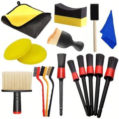 17Pcs Car Cleaning Care Set, Dust Brush, Cleaning Brush, Sponge Brush, Waxing Sponge, Car Wash Cloth, With Multi-Size Long Handle Brush And Multi-Function Three Brush, Comprehensive Cleaning Care, So That Your Car Always Keep Beautiful