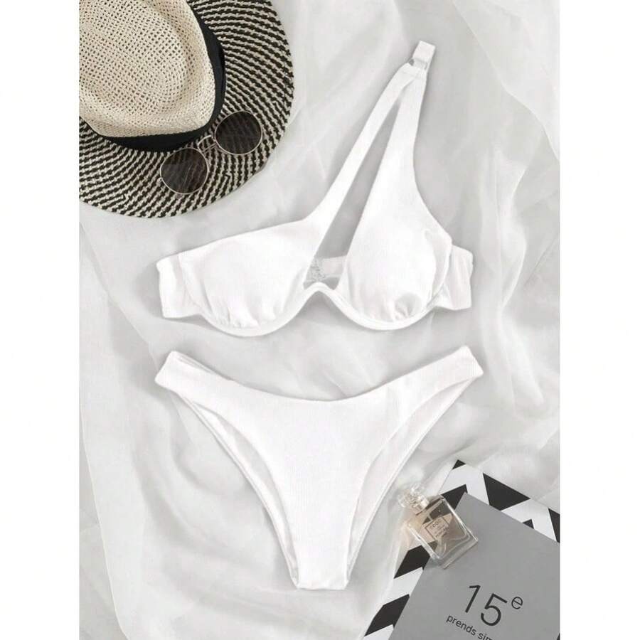 Nuevo y popular traje de baño de dos piezas para mujer, sexy y multicolor, bikini de un solo hombro con aros. - Blanco - Ver 1