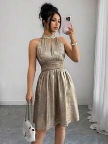 Raffinéa Vestido corto elegante y delicado de mujer con escote halter y cintura calada en forma de A, adecuado para salidas y citas, primavera/verano - Gris - Ver 6