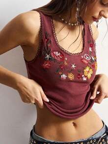 Camiseta de tirantes ajustada de mujer de punto de unicolor casual con cuello redondo y bordado - Café integral - Ver 8