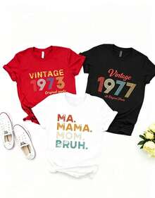 Artículo de moda: Prenda conjunto de 3 piezas, de camisetas de manga suitable for streetwear, Top oversized cuello redondo daily outings, camping, concerts, hip-hop, rock, and rap events camiseta casual de manga corta para mujer, piezas originales vintage de 1973, piezas totalmente originales vintage de 1977, camiseta con estampado del patrón Mama Mama Blue, camiseta de manga corta con cuello redondo para mujer, top deportivo casual transpirable de algodón puro, regalo para las vacaciones de primavera, camiseta para mujer. - Negro - Ver 1