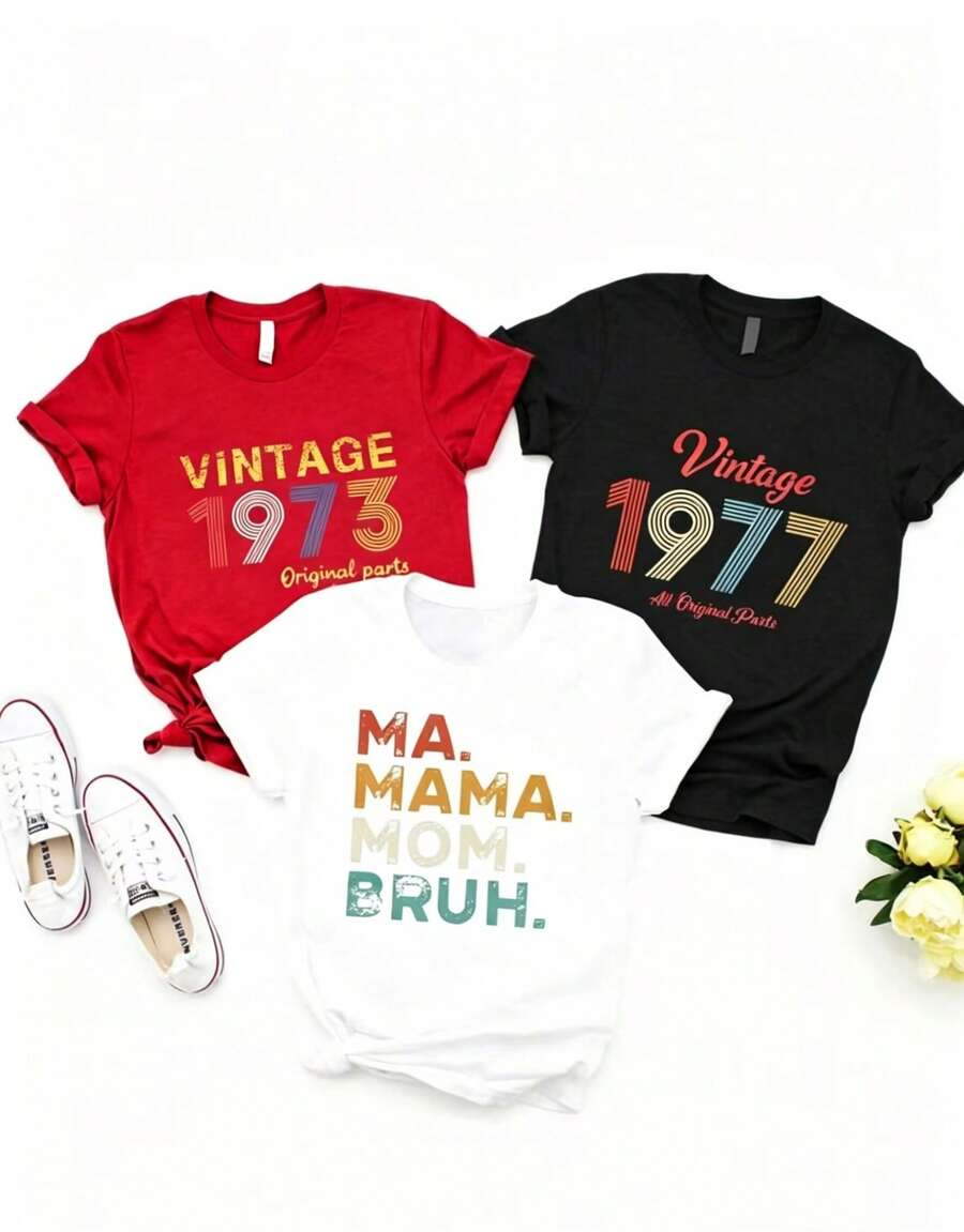 Artículo de moda: Prenda conjunto de 3 piezas, de camisetas de manga suitable for streetwear, Top oversized cuello redondo daily outings, camping, concerts, hip-hop, rock, and rap events camiseta casual de manga corta para mujer, piezas originales vintage de 1973, piezas totalmente originales vintage de 1977, camiseta con estampado del patrón Mama Mama Blue, camiseta de manga corta con cuello redondo para mujer, top deportivo casual transpirable de algodón puro, regalo para las vacaciones de primavera, camiseta para mujer. - Negro - Ver 1