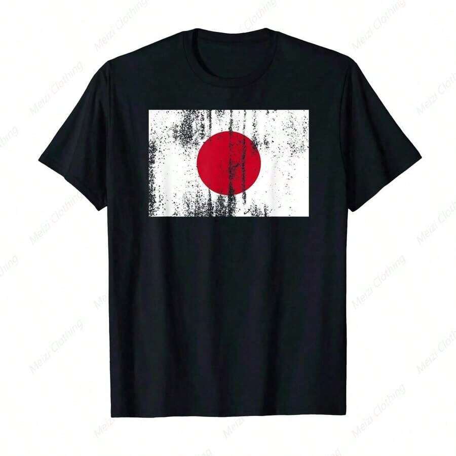 Japanese Flag T-Shirt, Japanese Flag Printed T-Shirt, National Pride, Cotton, Travel And Leisure Gift, Women's T-Shirts - 黑色 2 - 查看 1