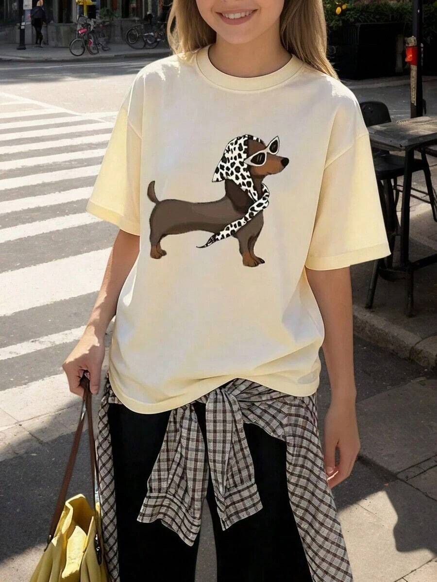 1 Piece Short Sleeve T-Shirt With Dachshund Print For Preteen Girls, Youth Student Clothing, Summer Gift For Kids 100% Cotton - 杏 - 查看 1