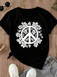 Camiseta de Mujer con Símbolo de la Paz y Diseño Floral, Top Casual de Verano para Uso Diario y Atuendos Estilo Hippie - Negro - Ver 2