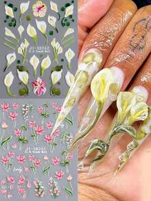 5D Spring Summer Pink Floral Nail Art Stickers, Calla Lily,Leopard Pattern,Self-Adhesive Nail Decals For And Women, Perfect For Manicure Decoration - 彩色 - 查看 1