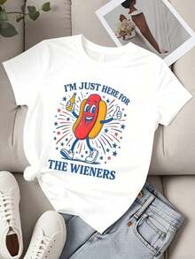 Camiseta de Moda para Mujer con Estampado Gráfico de Perritos Calientes, Estilo Casual de Verano para Fiestas y Salidasblusa casual mujer - Blanco - Ver 4
