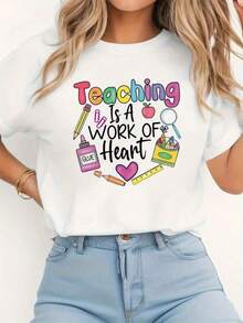 Camiseta de manga corta con cuello redondo para mujer, estilo retro de vacaciones, nueva colección 2026, para compras informales, regalos de vacaciones, reuniones con amigos, fiestas deúsica y atuendos de vacaciones. - Negro - Ver 6