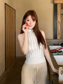 Sexy Rhinestone Decor Sleeveless Knit Crop Top, Design Details, Slim Fit, Summer White - White - View 4
