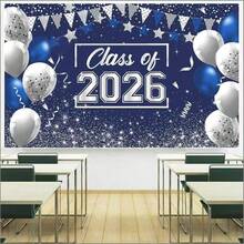 1pc Navy Blue Class Of 2026 Graduation Decorations, Congrats Grad Photo Backdrop Banner For Indoor Outdoor High School College Graduation Party Supplies - View 2