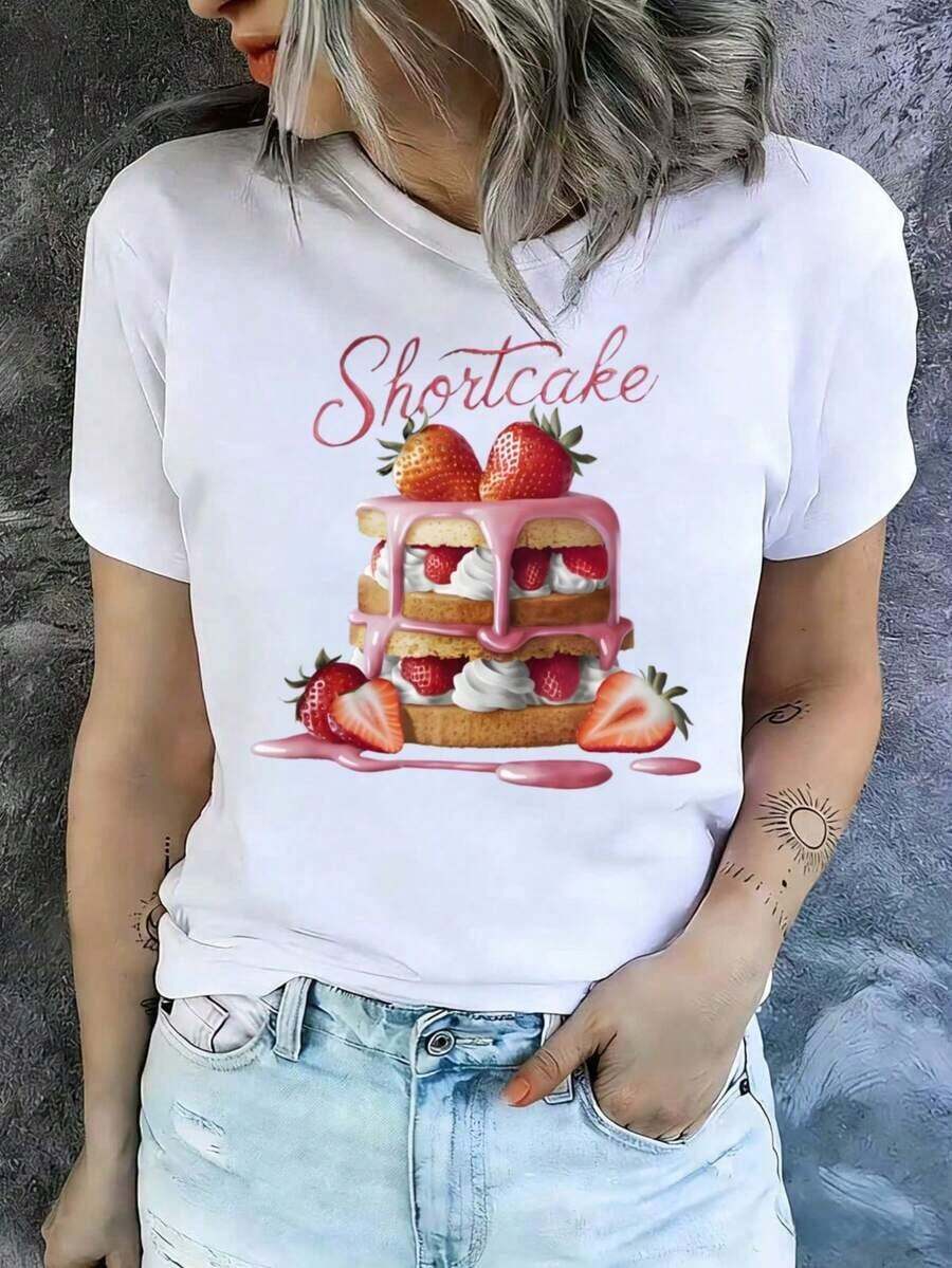 Playeras de mujer de algodón, camiseta con estampado de postre, top casual de verano para mujer, camiseta con estampado de pastel dulce, regalos navideños, ropa - Blanco - Ver 1