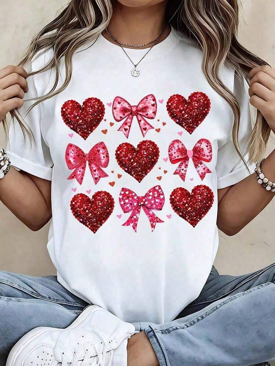 1 Piece Women's White T-Shirt With Sparkling Heart Print And Bow, Fashionable Casual Top, 180g 100% Cotton - 白色 - 查看 1