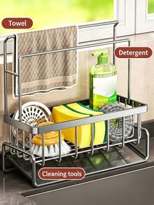 Carbon Steel Sink Sponge Holder, Kitchen Countertop Organizer With Drainage Tray & Towel Rack, Rustproof Carbon Steel Caddy For Dishwashing Accessories, Sturdy & Long-Lasting, Easy To Assemble - Vertical High and Low Double Pole Draining Shelf - View 5