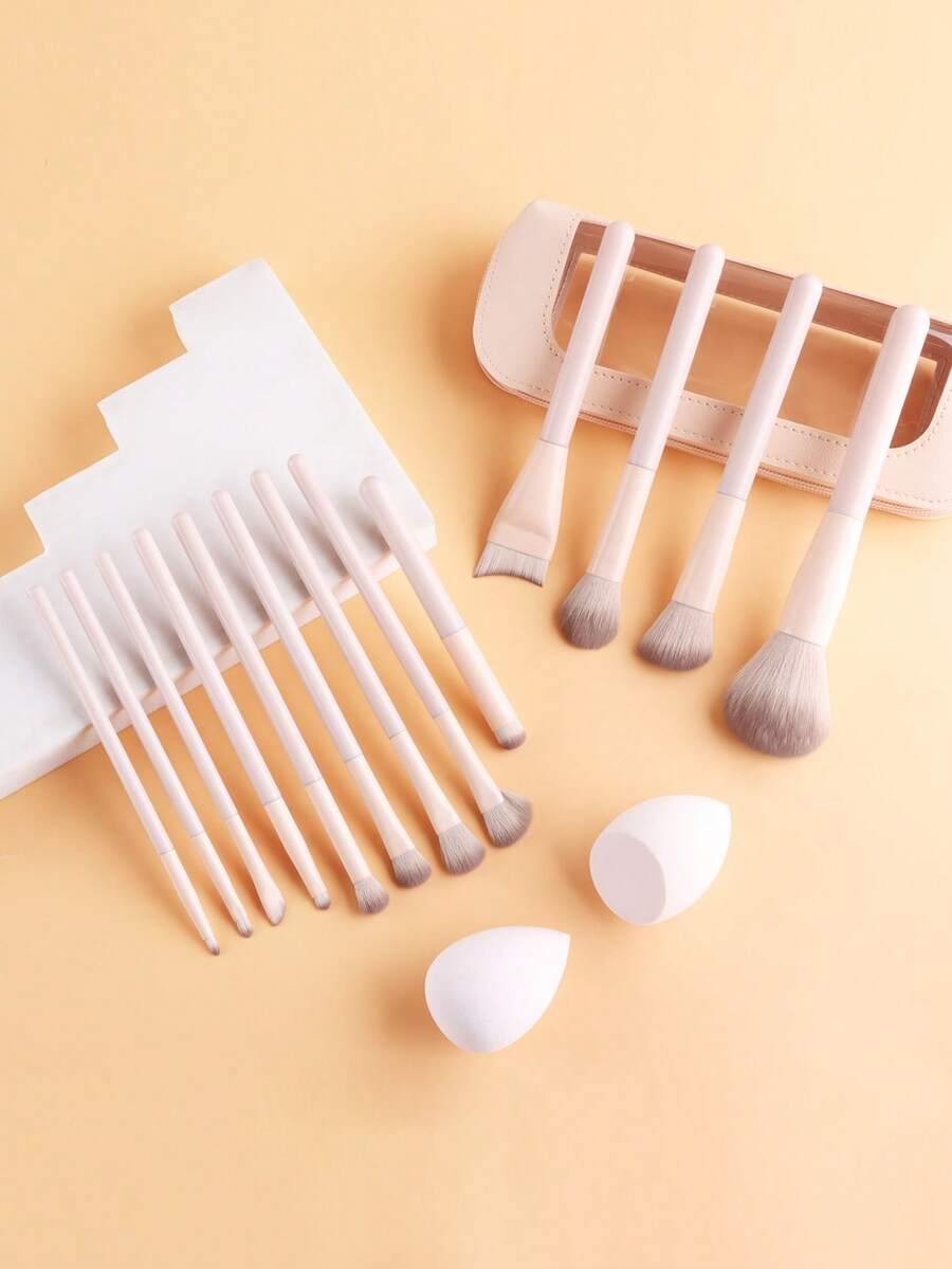 ronshadow Bộ cọ trang điểm 13/10/7 món kèm bông mút và túi đựng trong suốt, bao gồm cọ phấn phủ, cọ má hồng, cọ nền, cọ đắp mặt nạ, cọ tán phấn mắt, cọ chuyển màu, cọ chi tiết, bộ dụng cụ trang điểm toàn mặt dành cho người mới bắt đầu. - Màu be - Xem 1