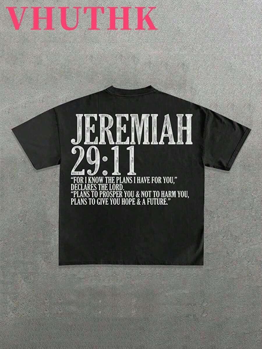 VHUTHK Camiseta de Algodón Puro 220 con Estampado a Doble Cara (Cuello Redondo, Manga Corta, Casual, Verano, para Hombre) JEREMIAH 29:11 - Negro - Ver 1