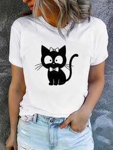 Camiseta de manga corta con cuello redondo para mujer, estampada, moderna y casual, lavable a máquina, ajuste cómodo, estampado plano 2D Blusas Para Mujer Casual. - Blanco_06 - Ver 7