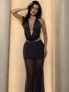 Conjunto de 2 piezas de color negro con cuello halter, escote en V sexy, espalda descubierta, sin mangas y falda larga, ideal para fiestas, carnavales, salidas nocturnas, citas, cumpleaños de mujer, elegancia elevada, imprescindible para fiestas, estilo vintage, comodidad urbana, estilo callejero, vestido de satén para graduación, conjunto de top con espalda descubierta, vestido de verano, vestido de vacaciones, vestidos de temporada de graduación - Blanco - Ver 8
